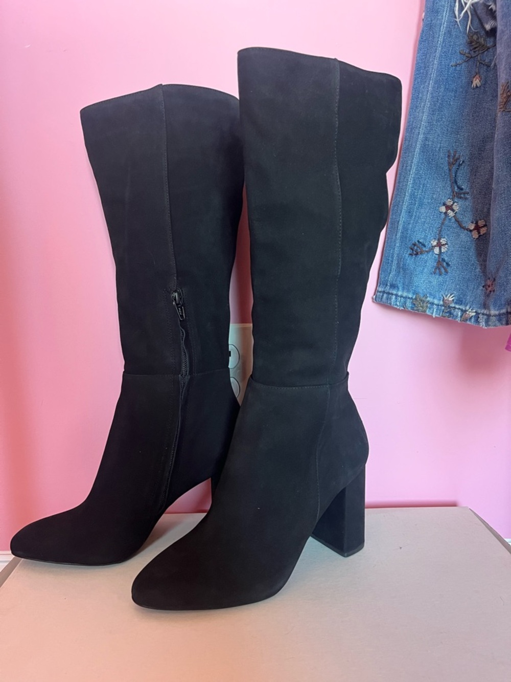Nordstrom Black Suede Knee-High Block Heel Boots